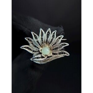 Vintage 800 Silver Pale Green Stone Floral Filigree Brooch